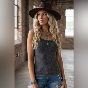 NWT Zenana Chevron Ribbed Seamless Tank Top Washed Black